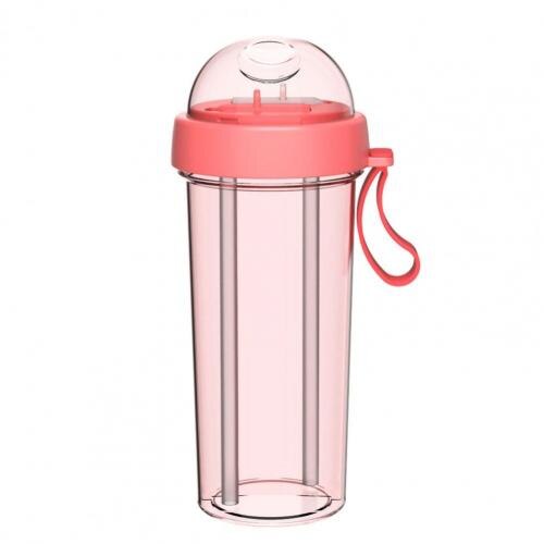 420/600ml Portable Dual Straw Separate Drink Water Beverage Bottle Couples: Pink 600ml