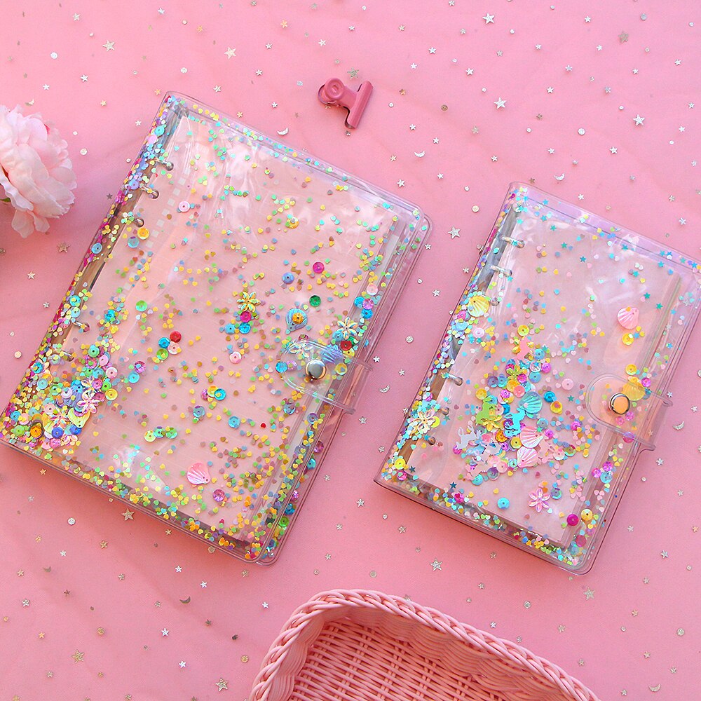 Cute Glitter Sequins Notebook Cover A5/A6 Transparent 6 Rings File Folder Loose Leaf Ring Binder Kawaii School Office Supplies