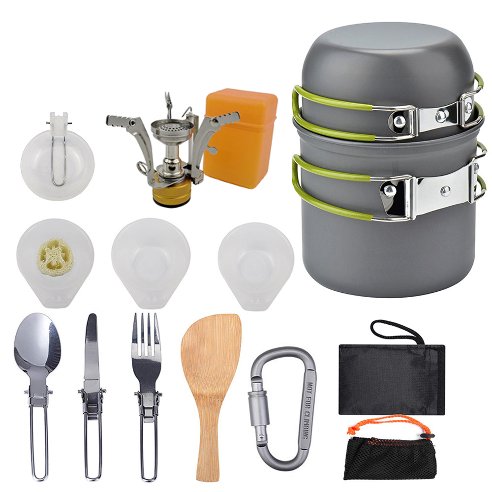 Aluminium Legierung draussen Camping Reise Kochgeschirr Camping Topf Wandern Picknick Tourist Geschirr einstellen Mit Klapp Löffel Mini Gas Herde: 1905