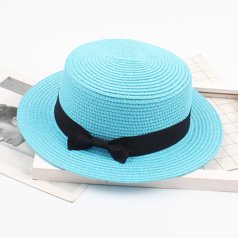 Bow Tie Straw Sun Hat Women Trilby Gangster Band Beach Cap Sun Hat Sun Protection Round Flat Top Beach Sun Hat Caps: Sky Blue