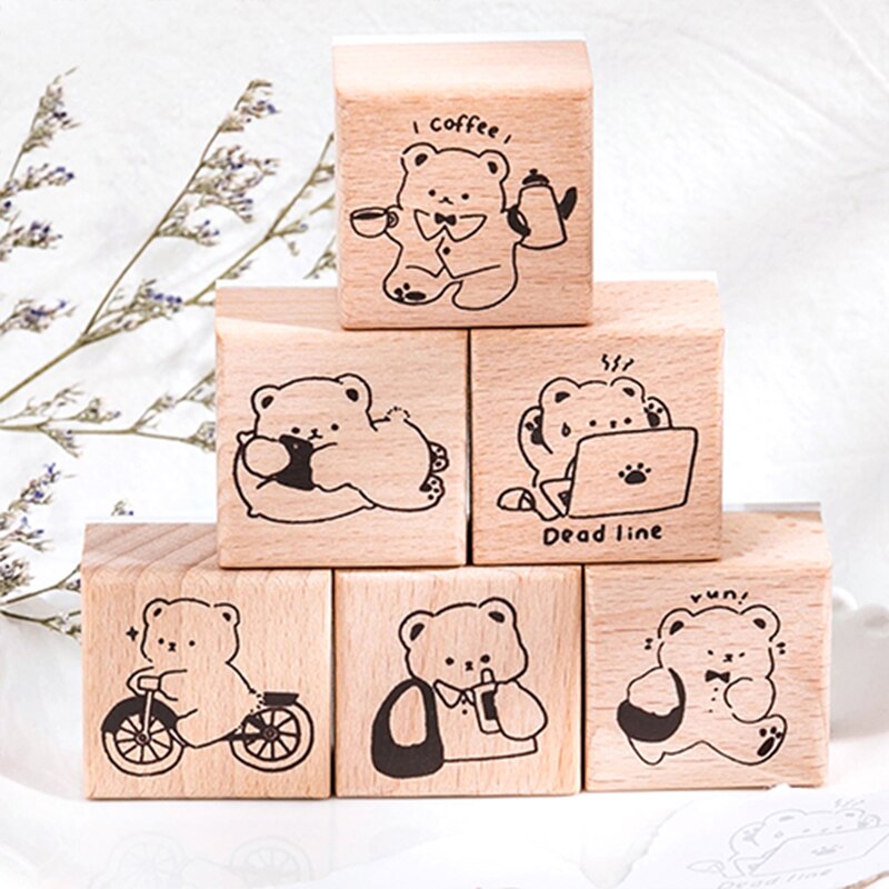 Leuke Cartoon Beer Werknemer Serie Decoratie Stempel Houten Stempels Voor Scrapbooking Briefpapier Diy Craft Standaard Stempel