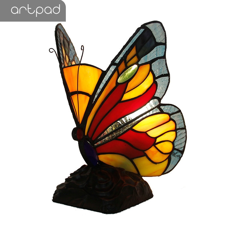 Artpad Stained Glass Tiffany Vlinder Lampen Met Us/Eu Plug In E27 Slaapkamer Bed Led Vlinder Licht Voor Tafel night Armaturen