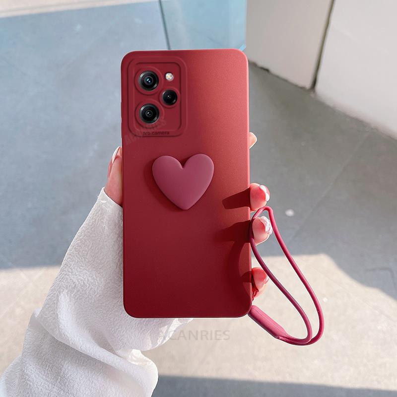 Pocox5pro lindo 3D amor corazón funda de silicona para Xiaomi Mi Poco X5 Pro X 5 X5pro X3 cordón correa de muñeca cubierta: Lona / Castaño
