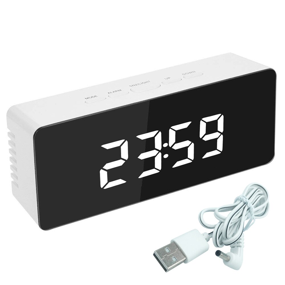 Alarm Clock LED Digital Clock Multifunction Mirror Snooze Display Time Night LCD Table Light Office USB Cable Digital Clock: USB White