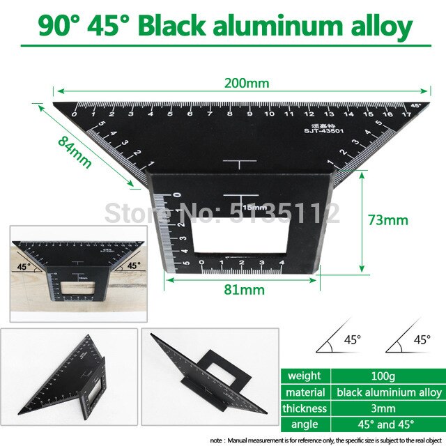 Aluminum alloy stainless steel multi-function T-shape combination square 90degree right angle 45degree marking woodworking tool: 45 and 45 black