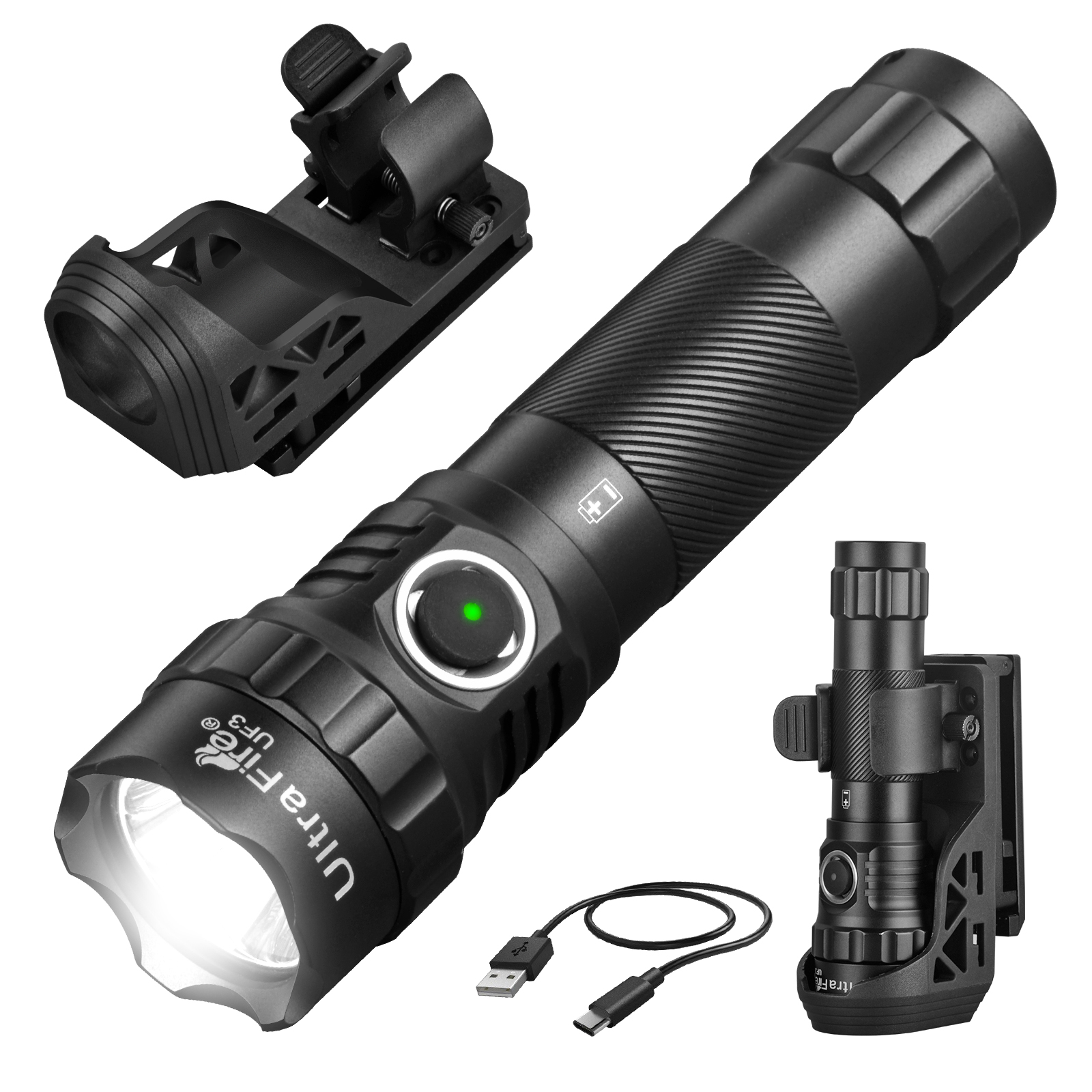 Lampe de poche tactique UltraFire UF3 1200 lumens Lampe de poche de police avec étui pour ceinture de service Lampe de poche des forces de l'ordre avec support de ceinture Petite torche LED rechargeable