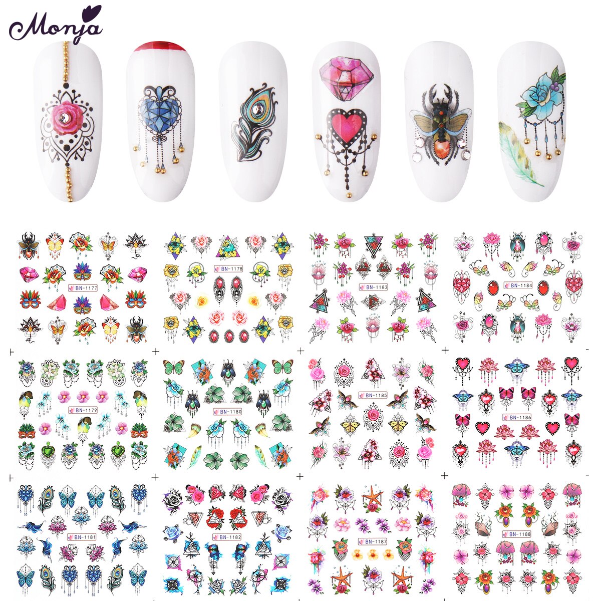 Monja 12Pcs Nail Art Sieraden Vlinder Serie Water Transfer Sticker Bloemen Patroon Watermark Nail Decals Manicure Decoraties