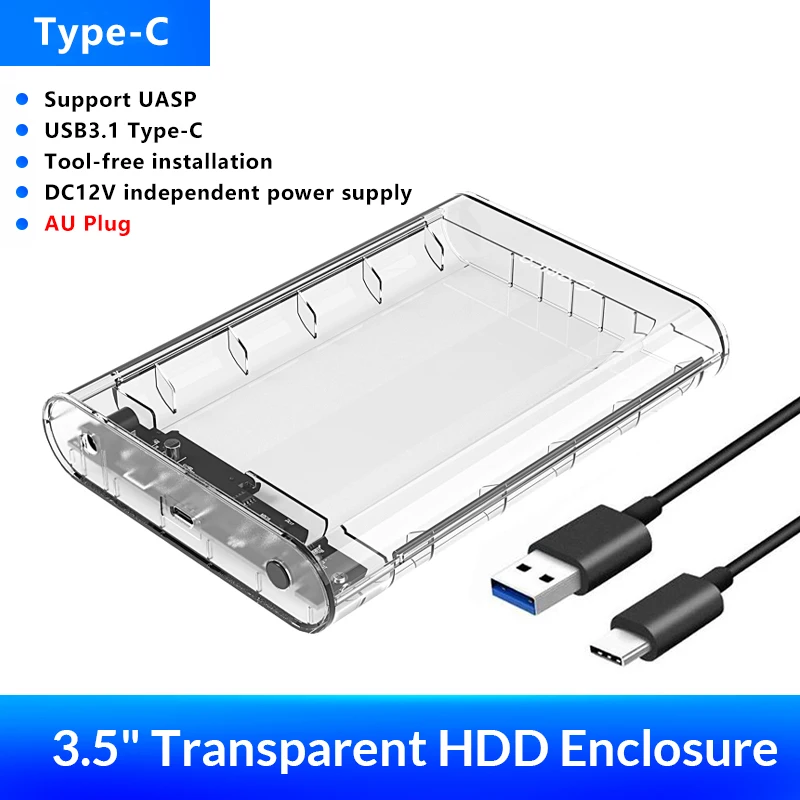 ORICO 3.5 Inch SATA to USB 3.0 Type C Transparent HDD Case SSD Adapter Hard Disk Drive Box USB3.0 External Storage HDD Enclosure: Blue