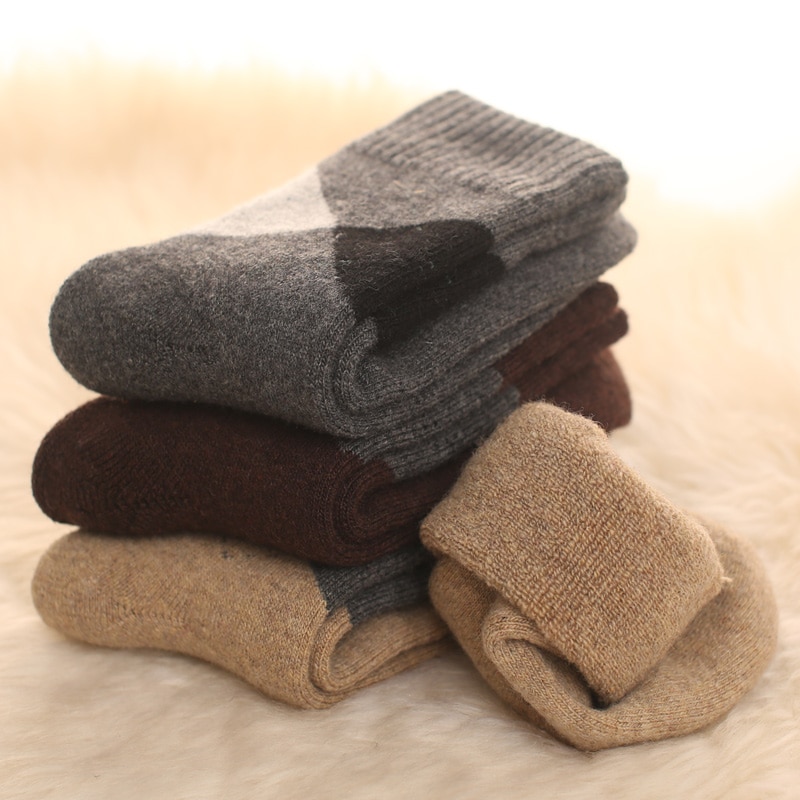 Mérinos-chaussettes chaudes et longues pour hommes, 4 paires, en laine épaisse, serviette à boucle en cachemire en peluche, robe douce en coton