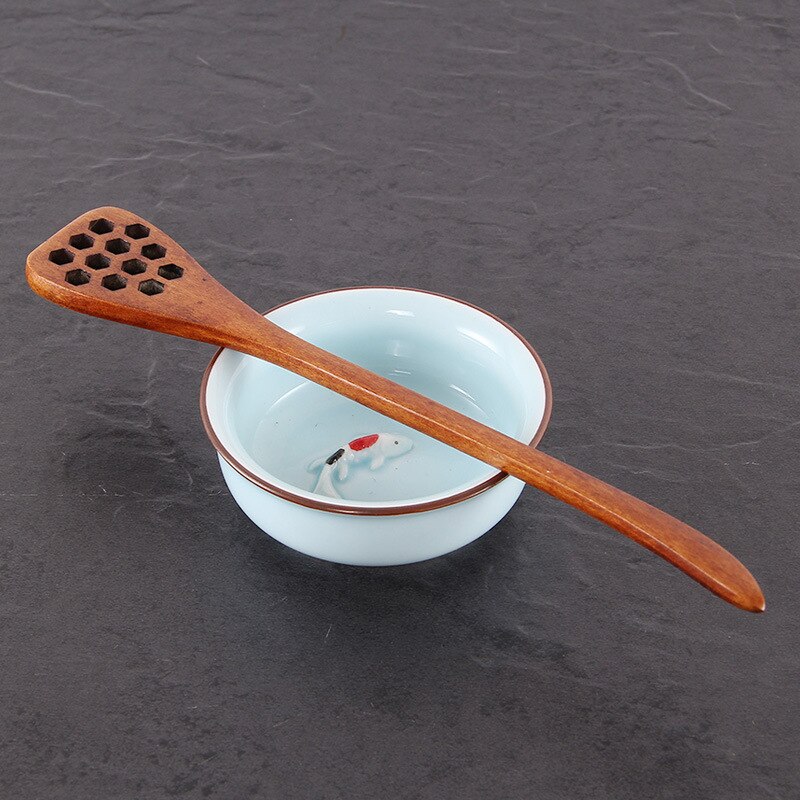 1Pc Wood Honey Dipper Sever Mixing Stick Spoon Honeycomb Heart Pattern Wood Honey Spoon: dark color honeycomb