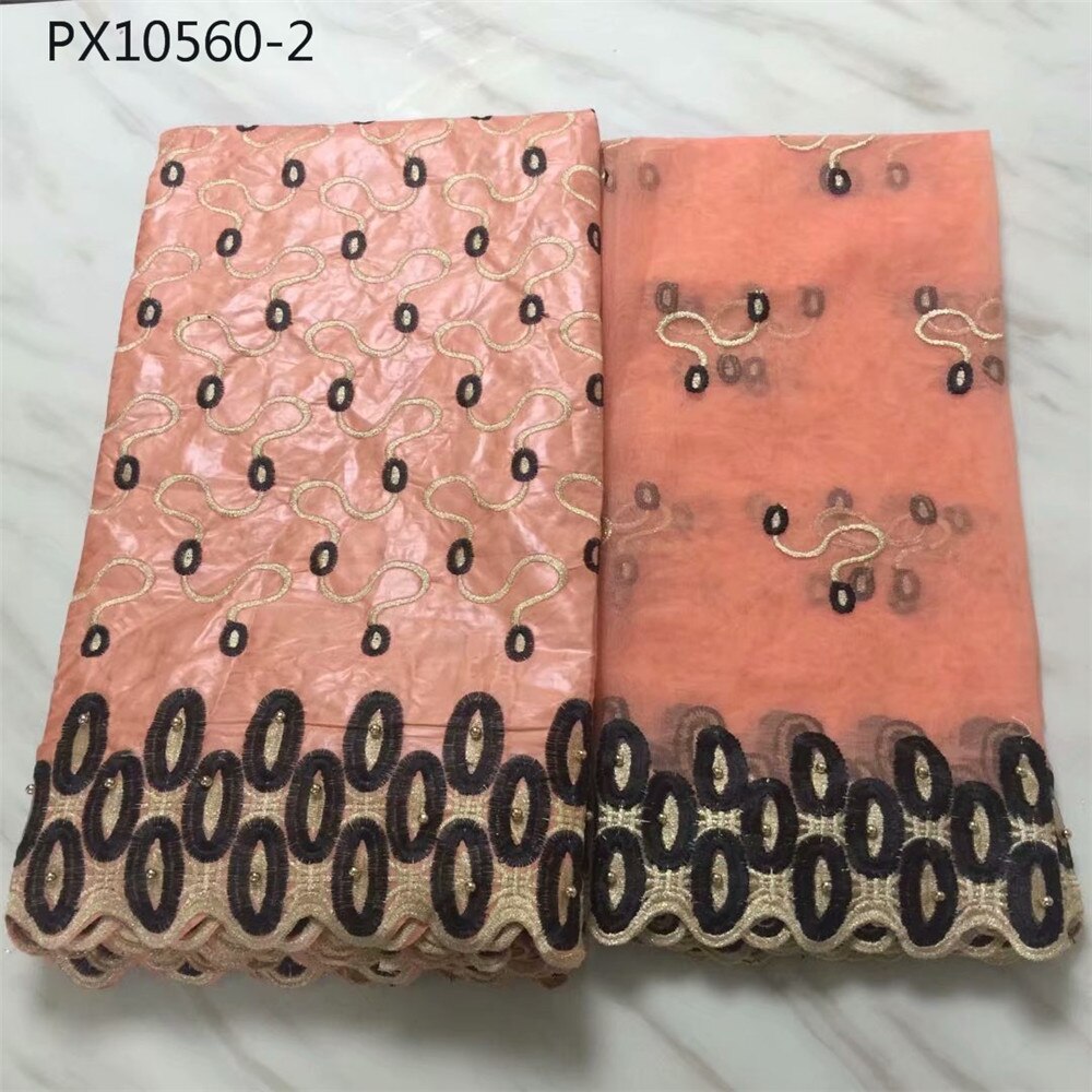 Goed verkopende perzikkleurige borduurstof van katoen, 5+2 meter, bazin riche-stof, nigeriaanse stof: 2