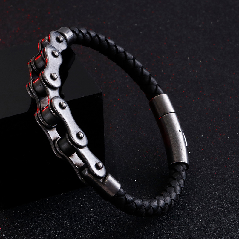 Trend Leather Braided Stainless Steel Bike Chain Bracelet Motorcycle Chain Wristband Men Bicycle Bangle JewelryWholesale