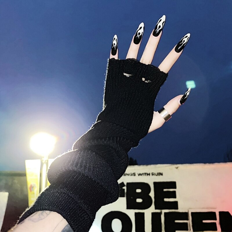 Gants noirs en tricot côtelé pour femmes, gothique, Punk, Harajuku, trou déchiré, longueur du coude, mitaines, Anime Cosplay, chauffe-bras H7EF