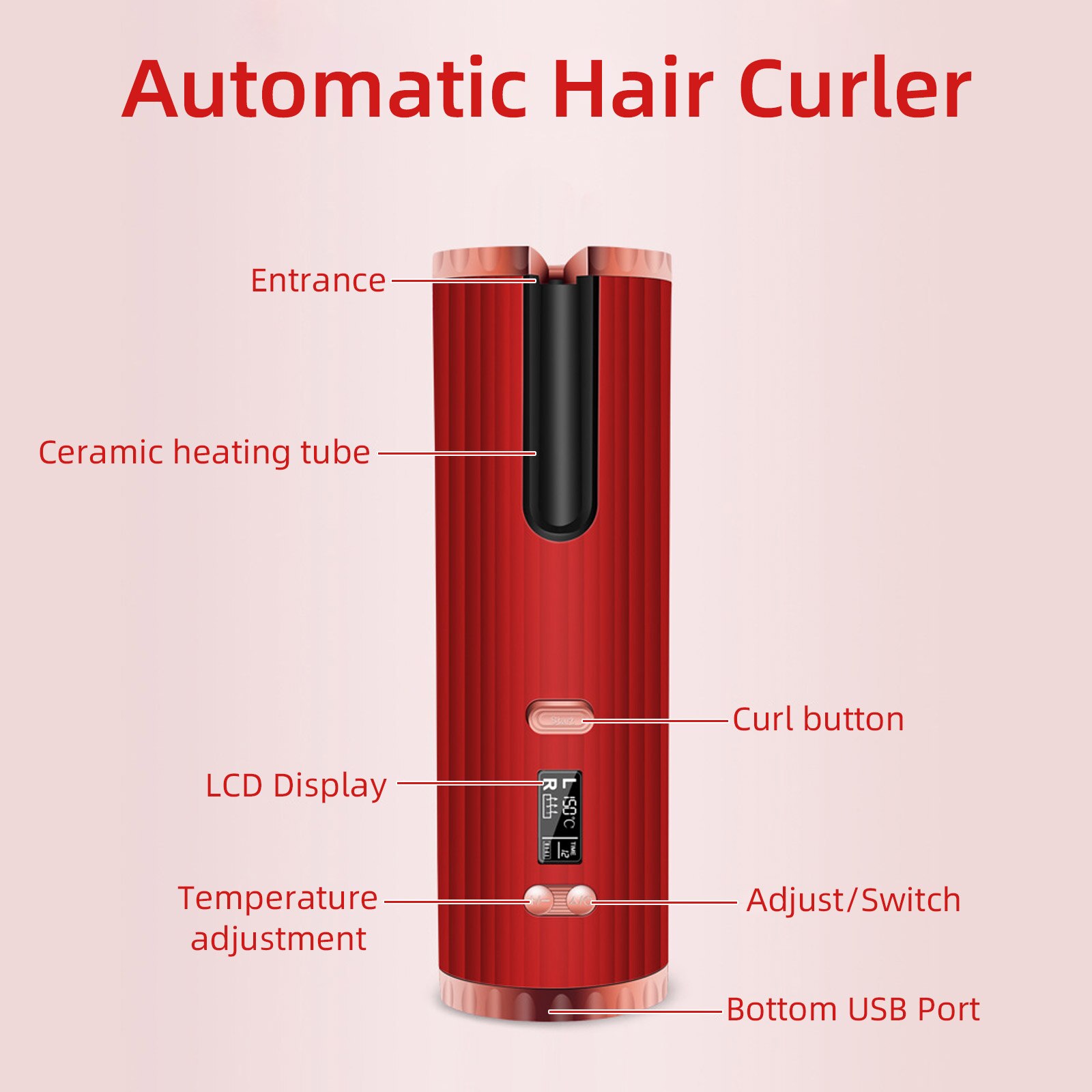 Cordless Automatic Hair Curler Portable Rechargeable Hair Curling Wand Roller Iron with 3 Temperature Settings Timer LCD Display