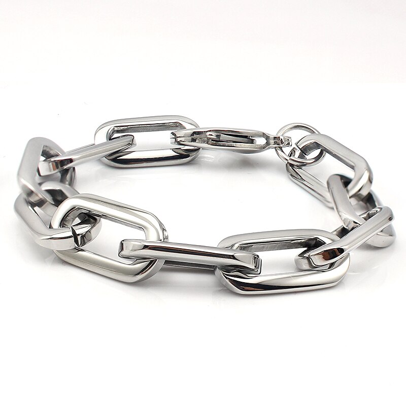Pulsera de cadena de eslabones unisex, brazalete grueso de acero inoxidable redondeado, rectangular, color plateado, joyería de , cierre de langosta