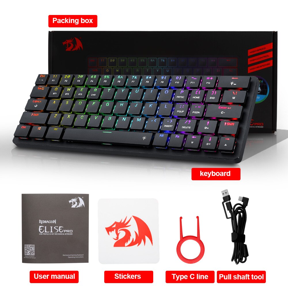 REDRAGON Elise Pro K624P RGB Super slim Mechanical Gaming Keyboard USB Surpport Bluetooth wireless 2.4G 63 Keys for Compute PC