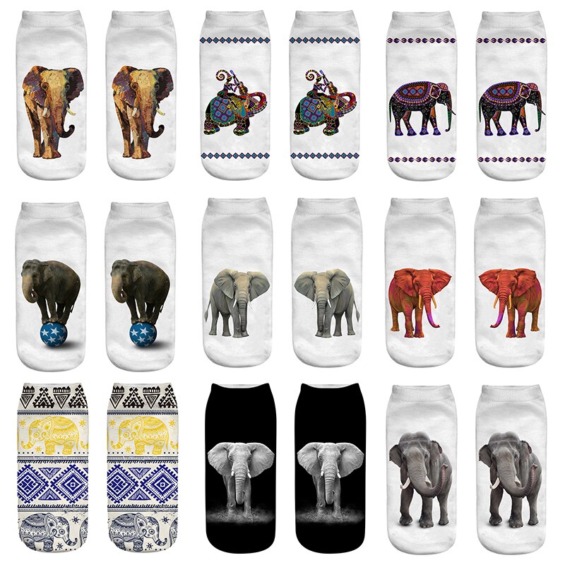 Socks Women 9 Pairs Set Retro Elephant Print Socks Female And Interesting Animal 3D Printed Breathable Cotton Socks: AS14-1
