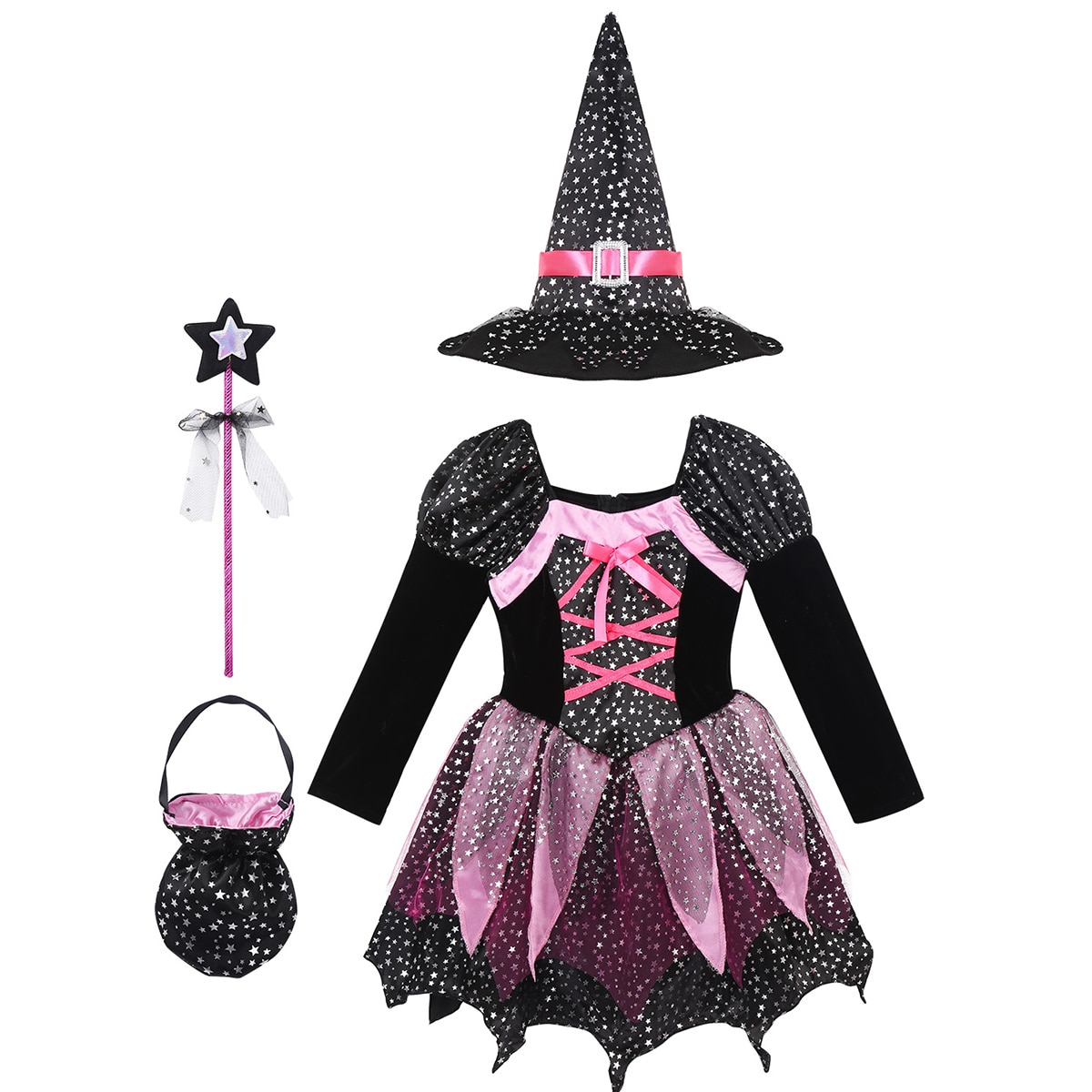 Robe en Tulle pour enfants, tenue de Costume pour filles, manches longues, étoiles argentées scintillantes, robe imprimée avec chapeau pointu, baguette, ensemble de sacs à bonbons