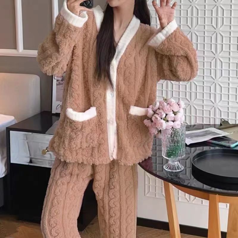 Kvinders pyjamassæt vinter nattøj o-hals løs langærmet top elastisk talje ben buksesæt bukser plus størrelse matchende sæt: S / Marine blå