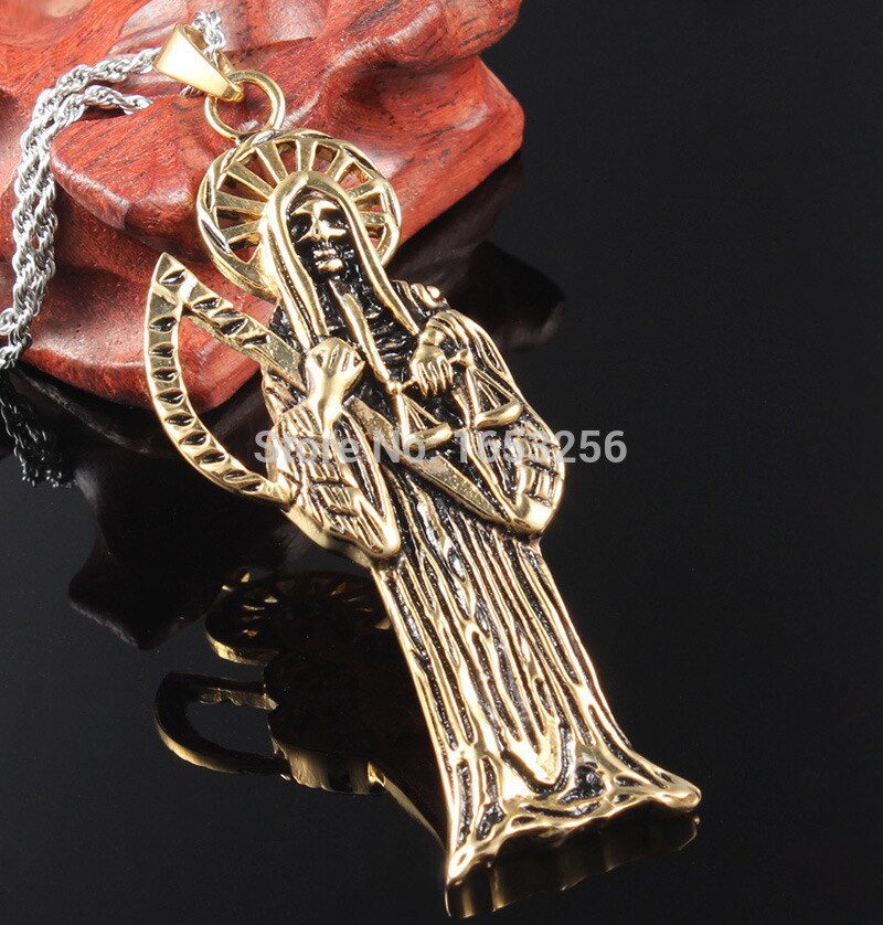 Fate Love Best Holy Saint Death Santa Muerte Skull Biker Pendant Necklace Stainless Steel Jewelry