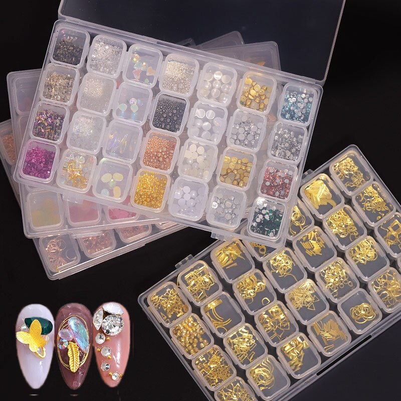Ensemble d'accessoires pour ongles à 28 grilles, poire/métal/coque/résine/cristal strass pour manucure/bricolage, Kit de décorations pour Nail Art # DXM12