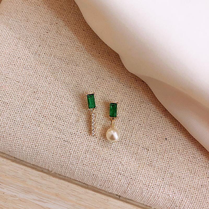 Classic Green AAA Cubic Zirconia Stud Earrings Square Crystal Girl Ear Studs For Women Gold Color Jewelry brincos Pearl