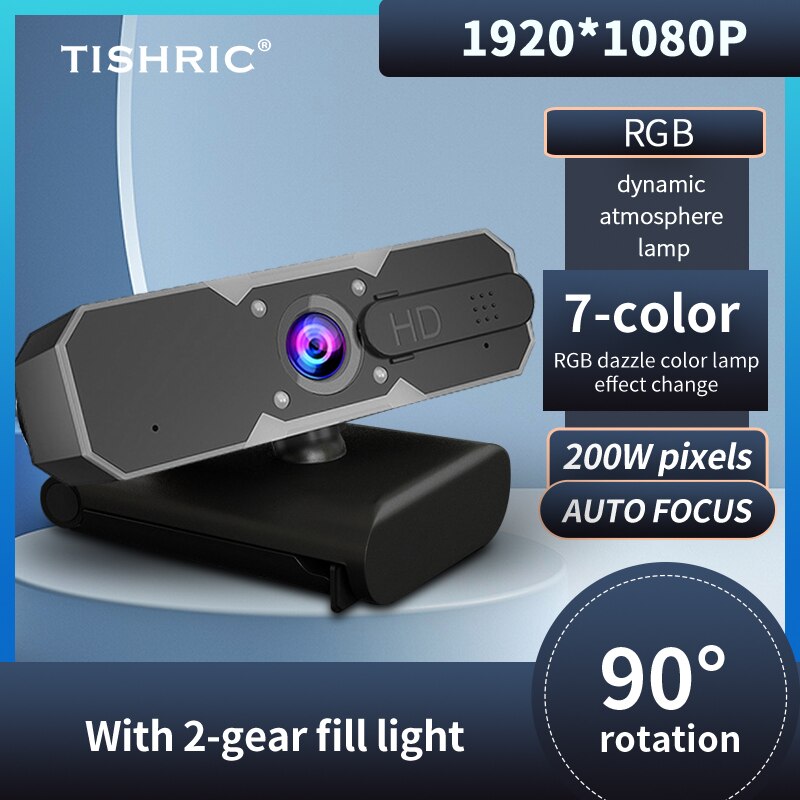 TISHRIC Fill Light Camera Live Game USB Camera RGB Atmosphere Lamp Web Camera with Microphone 1080P Webcam Autofocus Web Cam