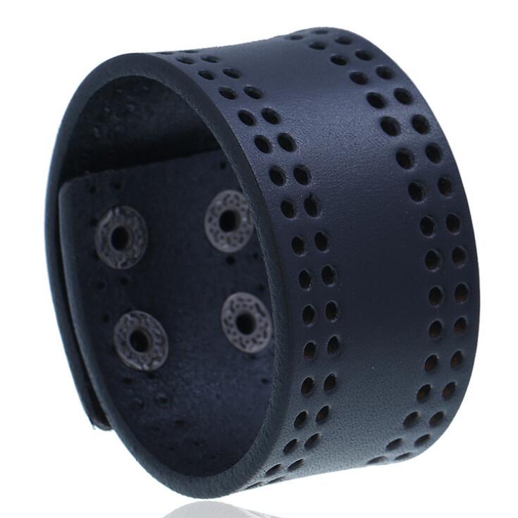 Punk Zwart Bruin Brede Lederen Polsbandjes Manchet Armband Gothic Casual Vrouwen Mannen Biker Eenvoudige Charme Bangle Vintage Sieraden: Hollow Black