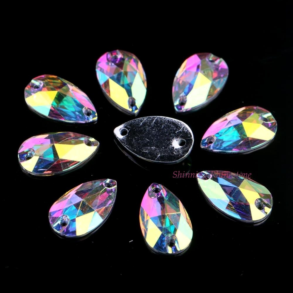 Teardrop Vorm Drie Size Crystal AB/Transparant AB Kleur Sew On Resin Rhinestones Met Twee Gaten Flatback Stones