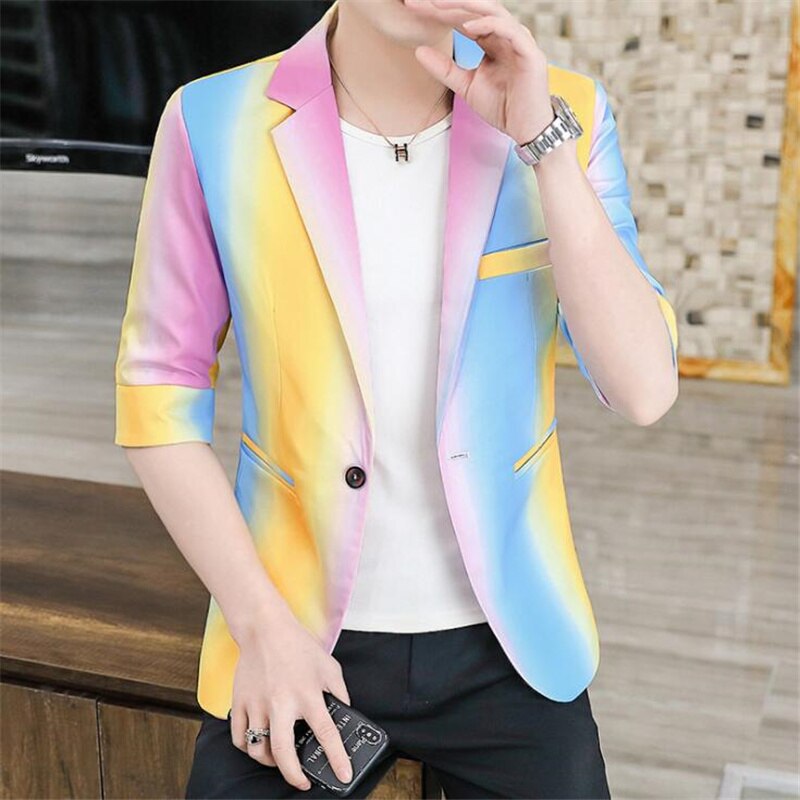 Gradient Tie Dye Rainbow Harajuku Casual Suit for Men Summer Short Sleeve Blazer Suit Jacket Korean Business Casual Coat: yellow / M