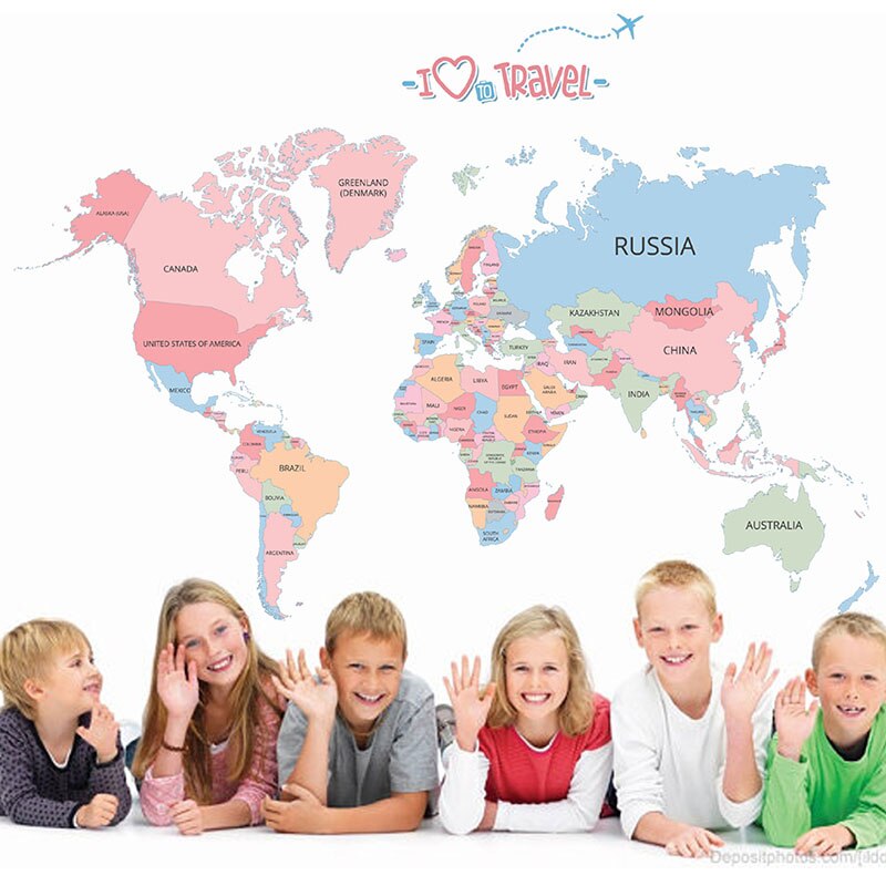 Wallstickers verdenskort indretning klistermærke wallstickers til børneværelser pædagogiske børn kort klasseværelse brev farverige baby