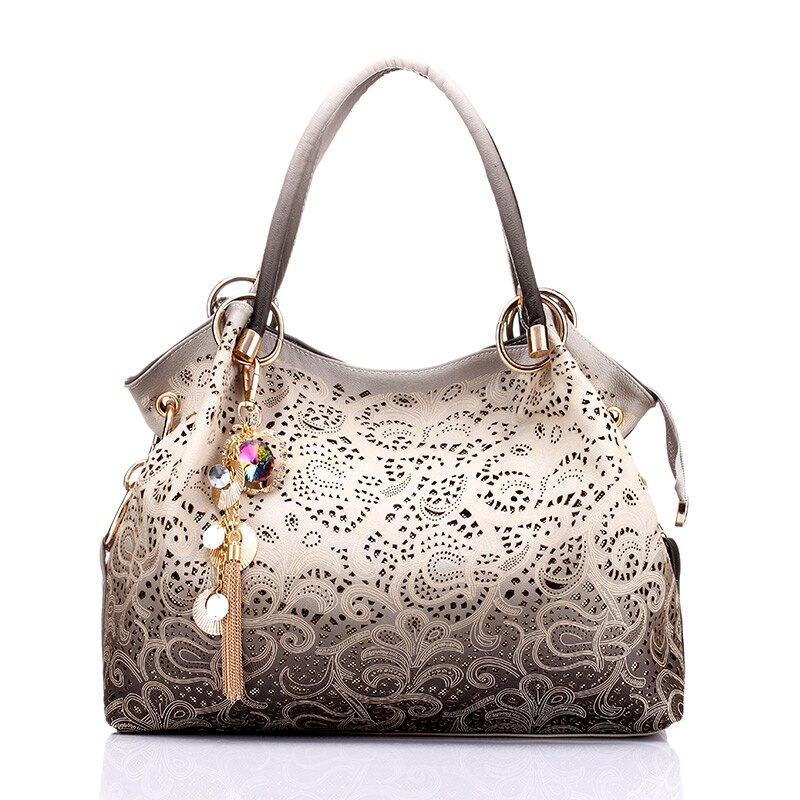 REALER Bolsos De Mujer ahuecados ombre estampado floral bolsos de hombro tipo bandolera bolsos de cuero de pu de las señoras bolso de mensajero de femenina: gray