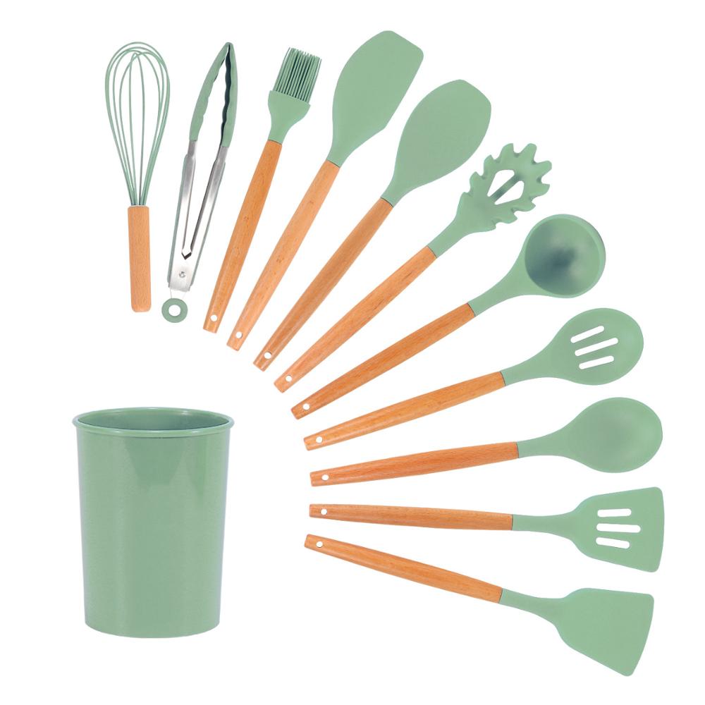 Silicone cuisine ustensiles de cuisine ensemble antiadhésif résistant à la chaleur ustensiles de cuisine manche en bois cuillère soupe louche ustensiles de cuisine Gadget de cuisson: 12PCS Green