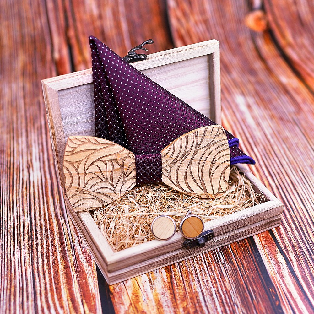 Men Wooden bow tie set Handkerchief Cufflinks wood bowtie wedding tie corbata Wooden Ties Gravata set gentlemen wear