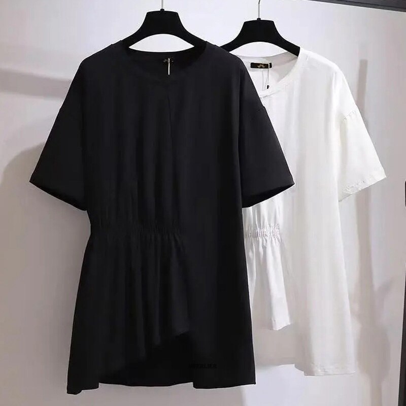 Plus Size 6XL 150Kg Zomer Vrouwen T-shirts Korte Mouw O Hals Dames Top Zwart Wit Vrouwen T-shirt Onregelmatige t-shirt
