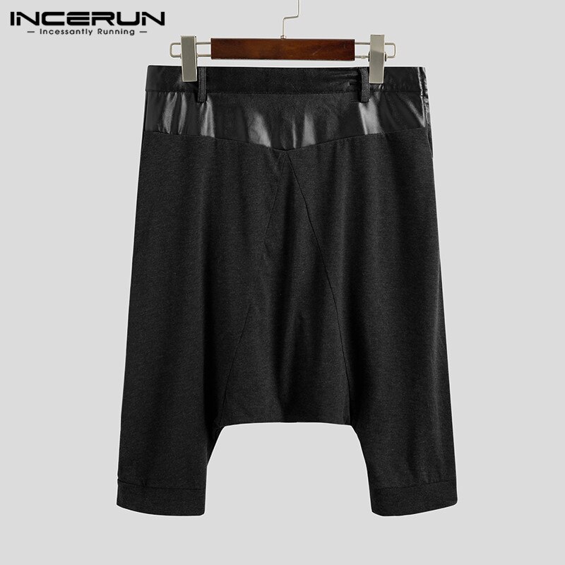 Modne spodnie haremki męskie Punk Zipper Patchwork skóra PU 2020 spadek krocza spodnie biegaczy Streetwear Pantalones Hombre INCERUN