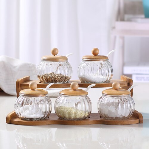 Garden bamboo stand upper layer ceramic glass seasoning can kitchen supplies box salt jars and lids: YS0170