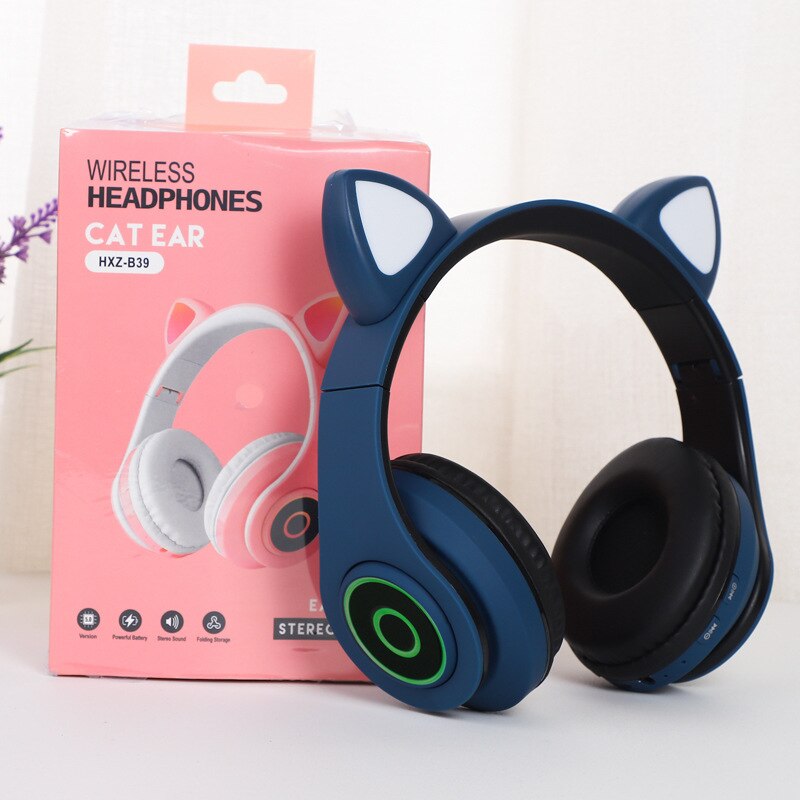 Auriculares inalámbricos Bluetooth de estilo lindo con orejas de gato, auriculares para juegos, para chicas, coloridos auriculares BT 5,0, Auriculares Bluetooth de belleza: headset and box blue