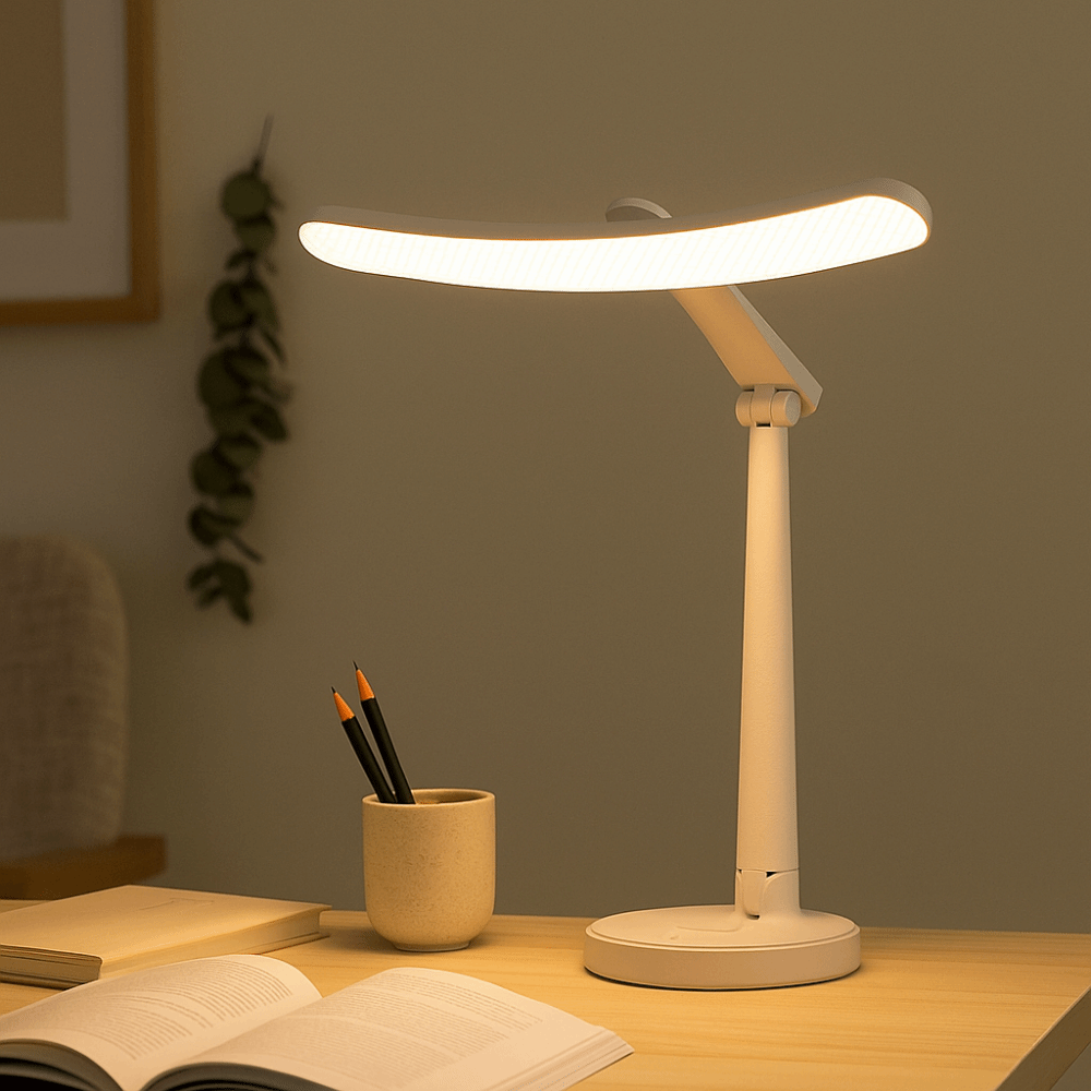 3 dimbare led bureaulamp met inklapbare oogbescherming, witte kleur, aanraakschakelaar, usb-oplaadbaar.