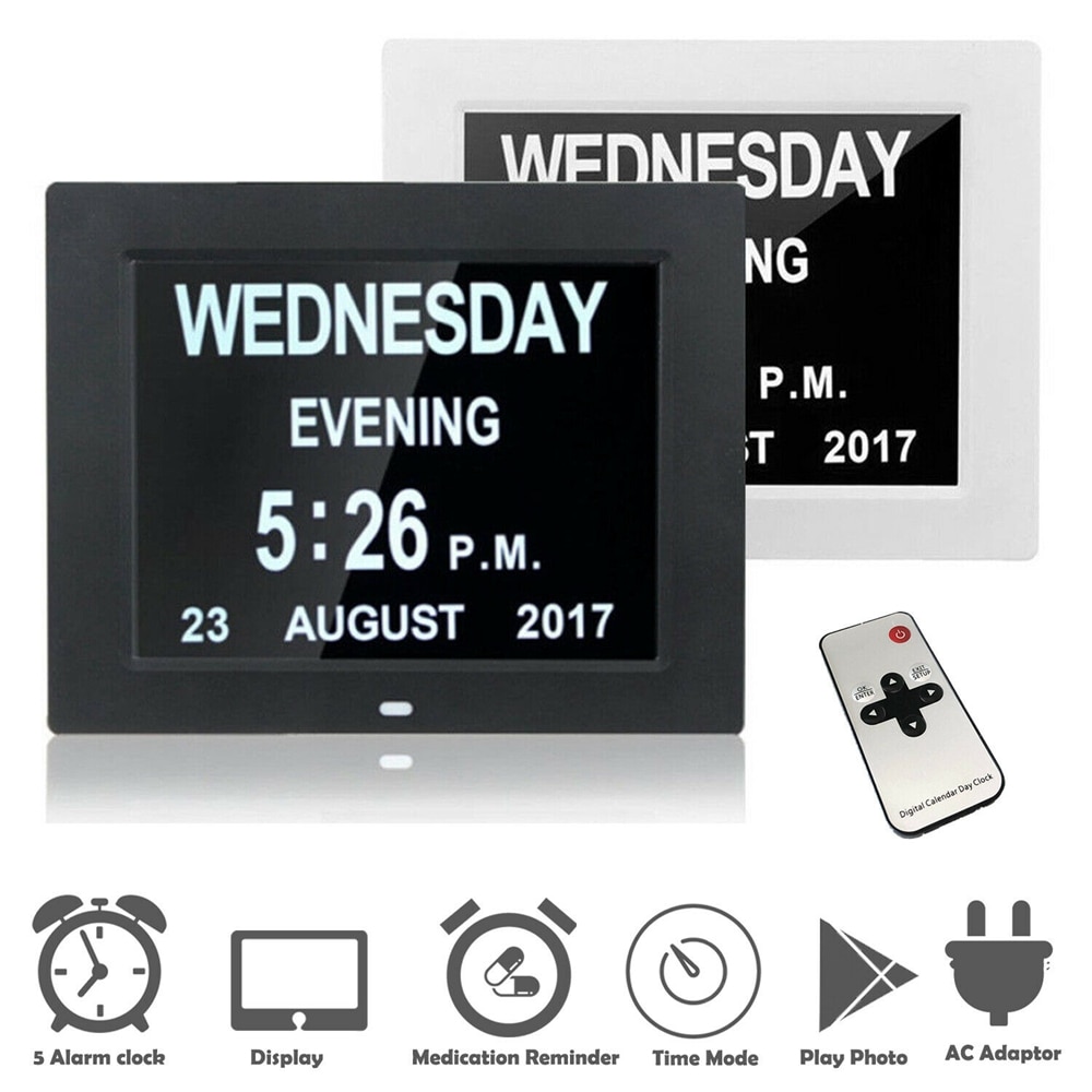 Digital kalender dag klokke stor bokstav ledet demens alarm tid dato måned år digital klokke hjemmeinnredning