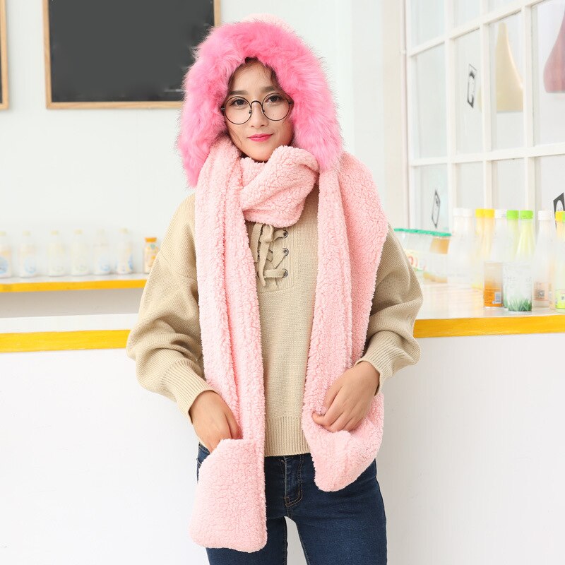 3 In 1 Women Winter Warm Soft Hood Scarf Snood Pocket Hats Gloves Hooded Srarves Scarf Hat Glove 3 Piece Sets