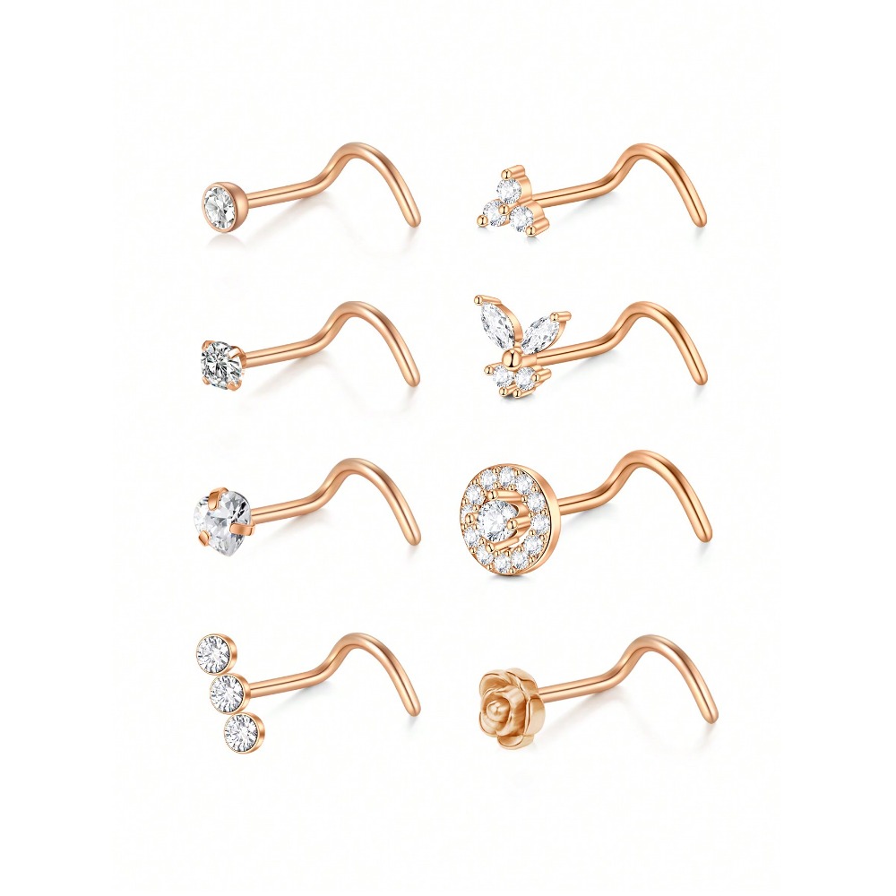 8Pcs/Set Nose Studs Rings For Women 18G 20G Corkscrew L Shaped Nose Screw Studs Nose Rings Studs Surgical Steel Nostril Nose Pie: Rhodium Plated