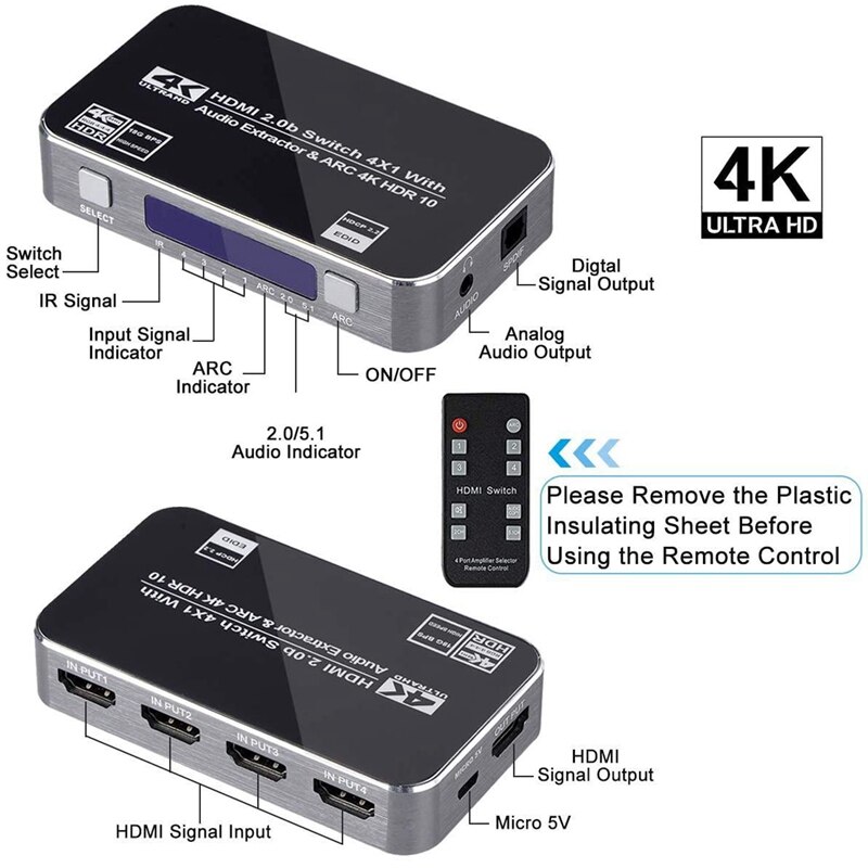 4K HDMI Switch UHD 4 Input 1 Output 4X1 HDMI Switcher o Extractor with ARC IR Control for Apple TV PS4 EU Plug