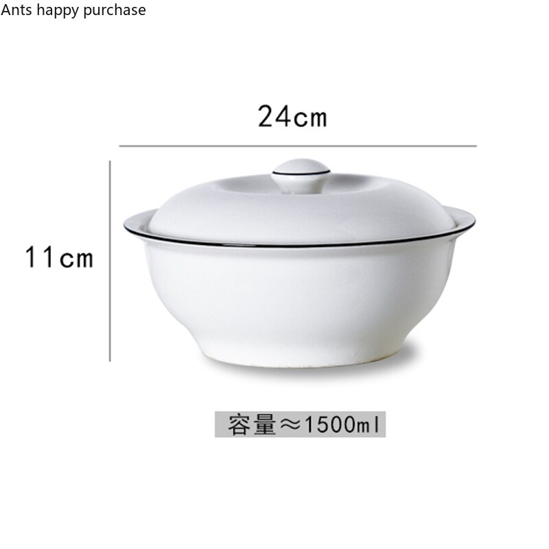 Grand bol à soupe avec couvercle en céramique blanche, assiette ronde, Pot à soupe, bol à nouilles, vaisselle décorative, bols de service: Default Title
