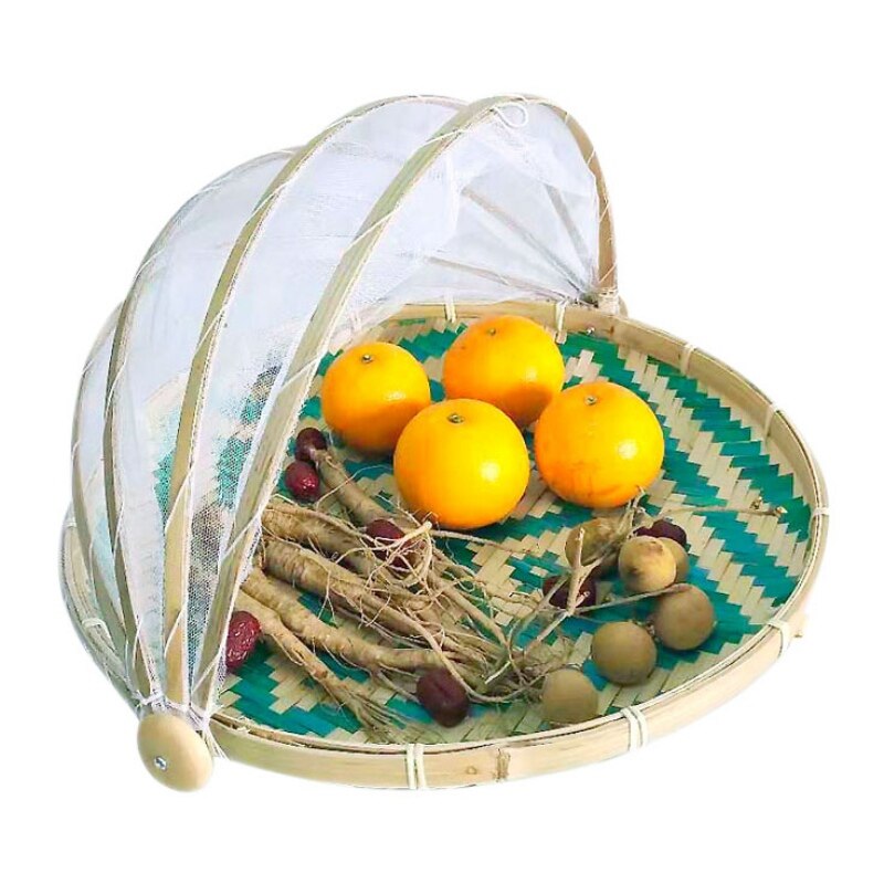 Hand-Woven Rectangular Bamboo Food Serving Tent Storage Basket Tray Mesh Storage Container With Gauze Cover Panier De Rangement