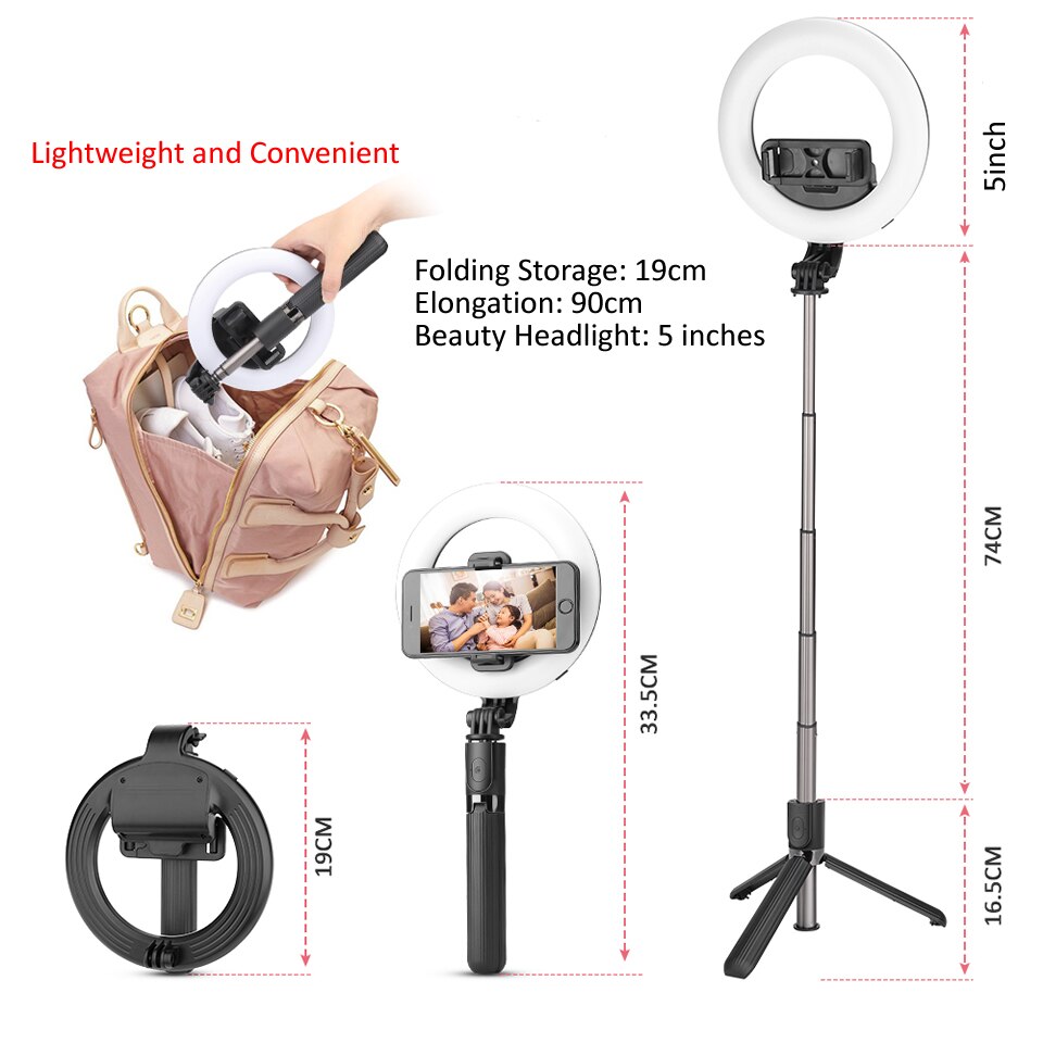 RUZSJ 4 in 1 Selfie LED Ring Light Wireless Bluetooth Selfie Stick Mini treppiedi palmare allungabile Selfie Stick con telecomando