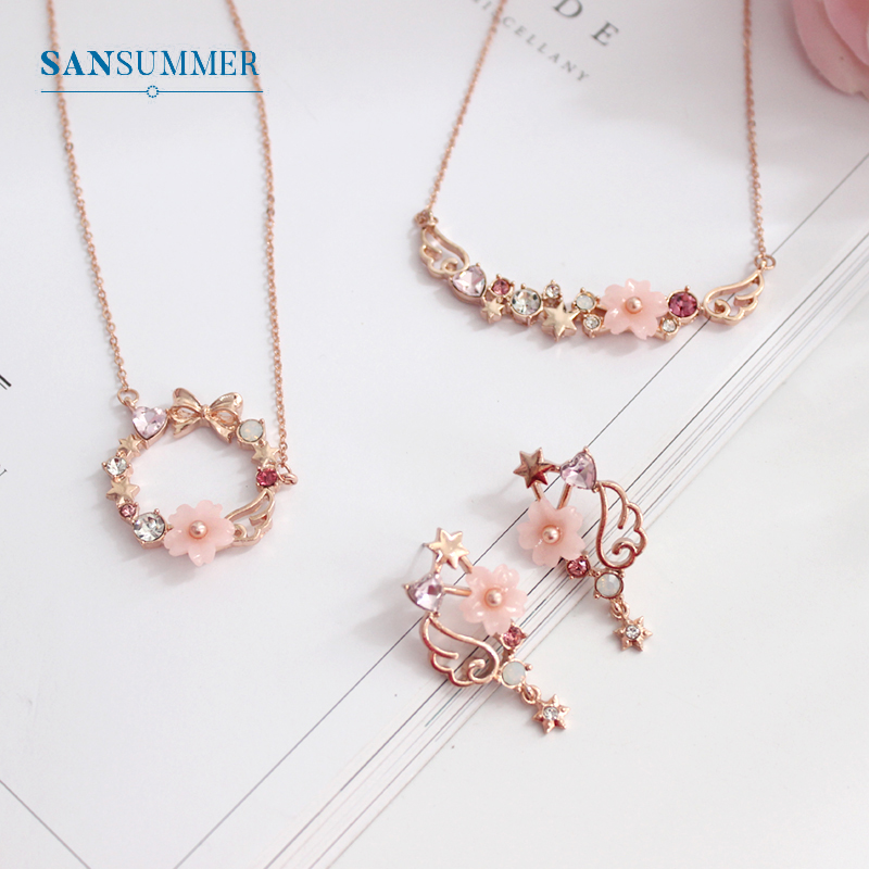 SANSUMMER Vrouwen Sieraden Sets Meisje Goud Roze Boog Sakura Earring Ketting Zoete Mooie Metalen Vrouwelijke Sieraden Sets 5709