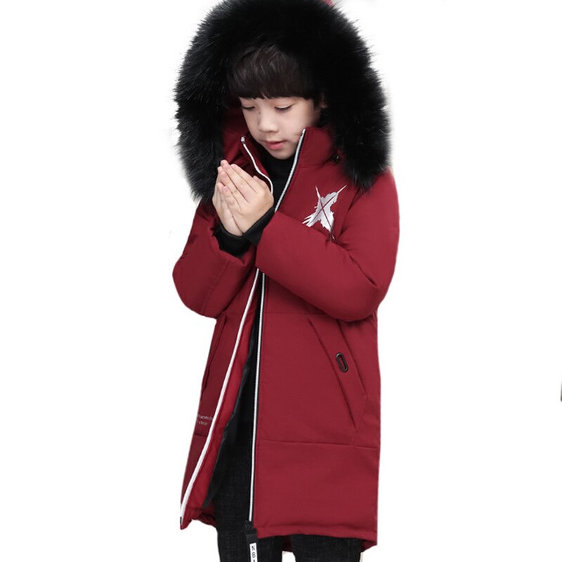 Veste d'hiver pour enfants garçons manteau en duvet solide moyen Long enfants Parka pour garçon noir col en fourrure à capuche épais vêtements d'extérieur TZ529