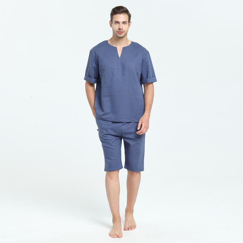 Herre naturlig linned bomuld kortærmet pyjamas sæt med shorts søvn top nattøj hjemmetøj loungewear