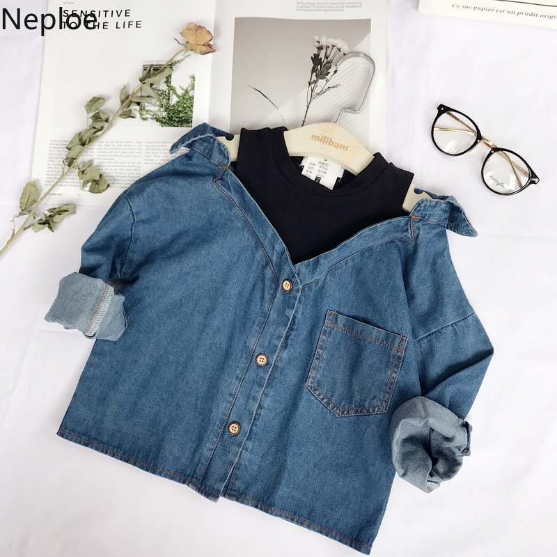 Neploe Lente Lange Mouwen Blouse Meisje Cowboy Shirt Jas Nep Twee Stukken 69693: 130cm